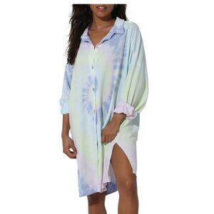 Shirt Dress Swim Tie Dye Swim Cover Up Blue Pink Purple Oversized